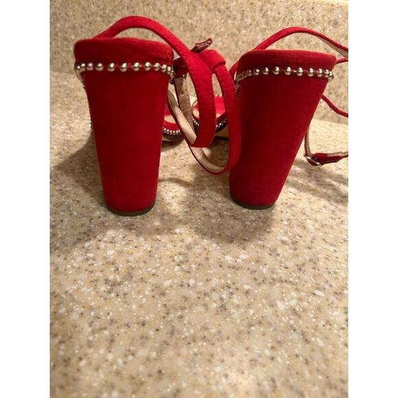 Liliana Red suede 4.5 inch heel clear toe strap gold accents Size 7 - Picture 7 of 10